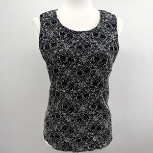 Vintage‎ Y2K Lace Stretch Rhinstone Bling Floral Embroidered in Black Size L Top